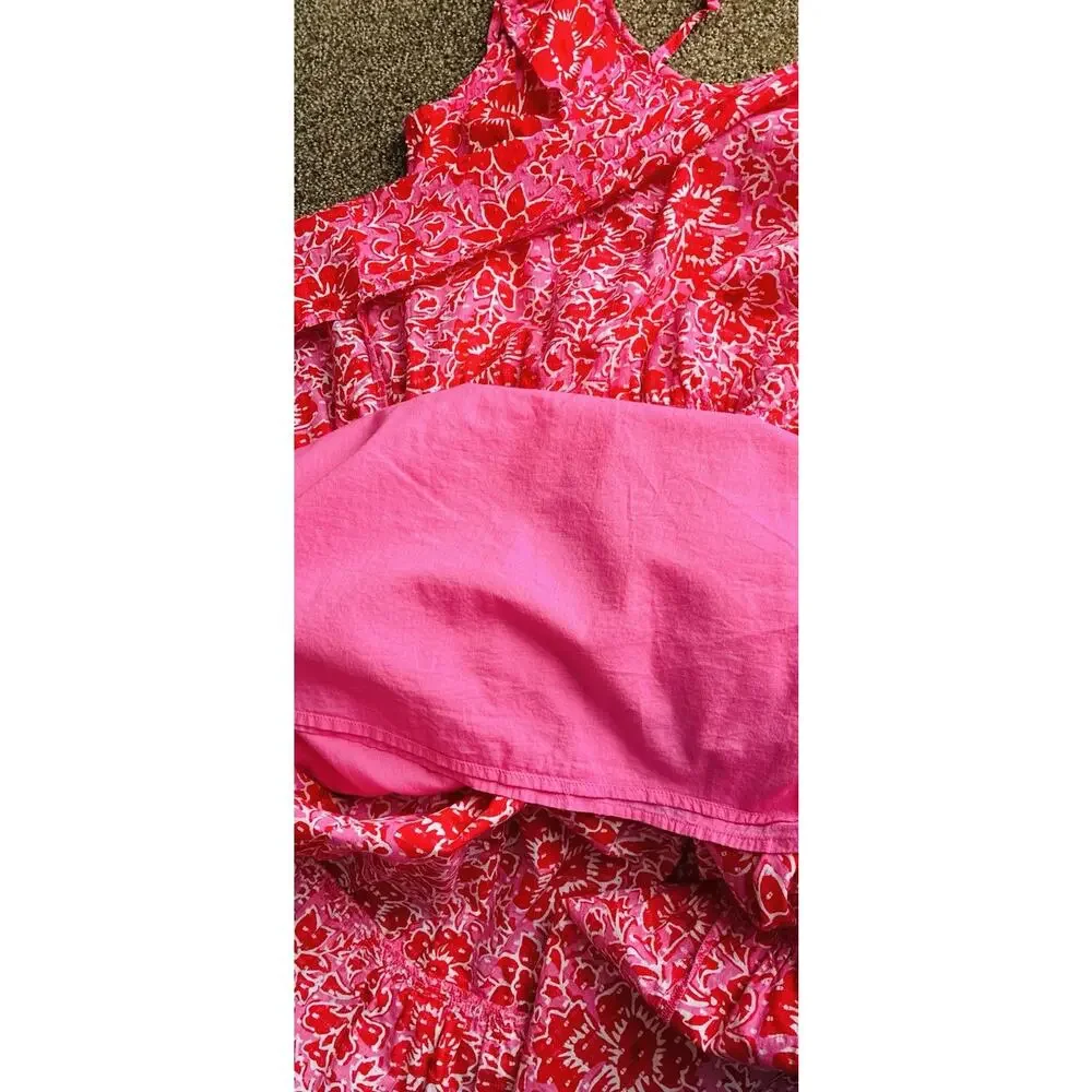 J.Crew Womens Size 8 Pink Floral Cotton Tiered Midi Dress Ruffle Pockets Garden